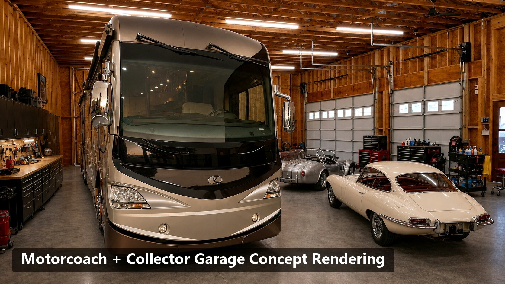 Concept rendering of the barn with motorcoach and collector cars