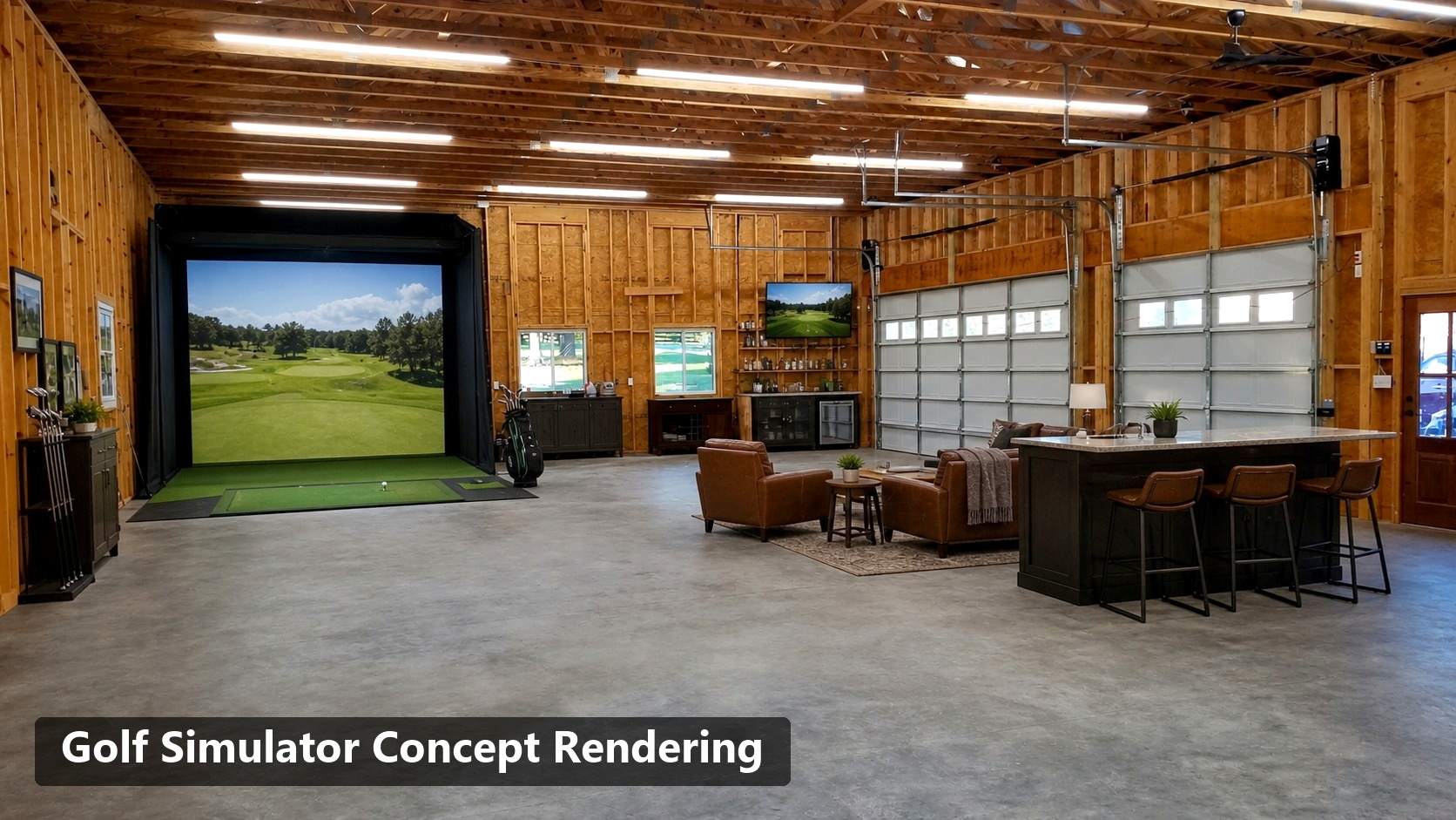 Golf simulator concept rendering in the barn
