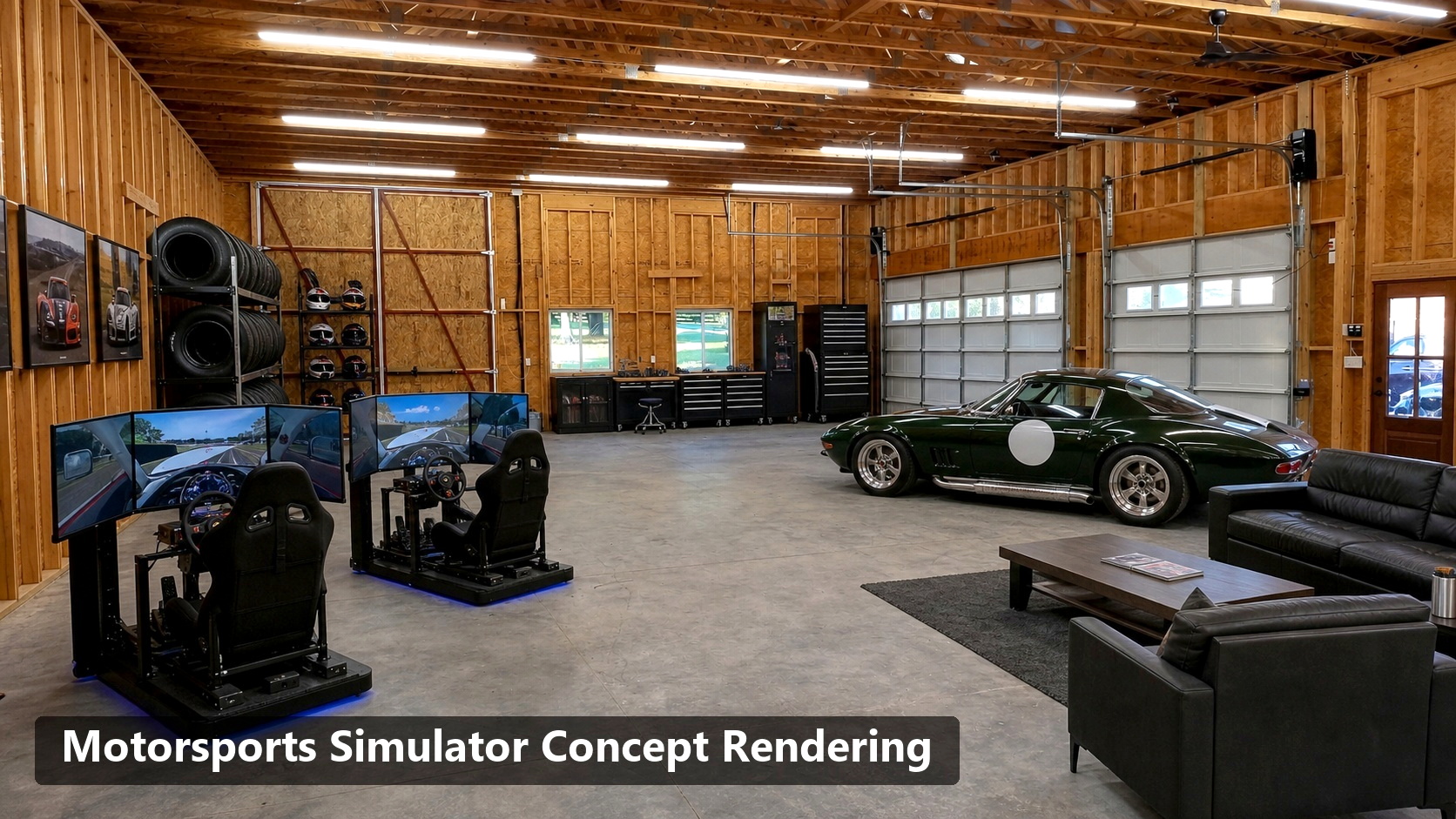 Motorsports simulator concept rendering in the barn